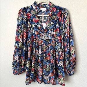 Umgee Floral Printed Boho Ruffle Neckline Puff Sleeve Blouse Top NEW